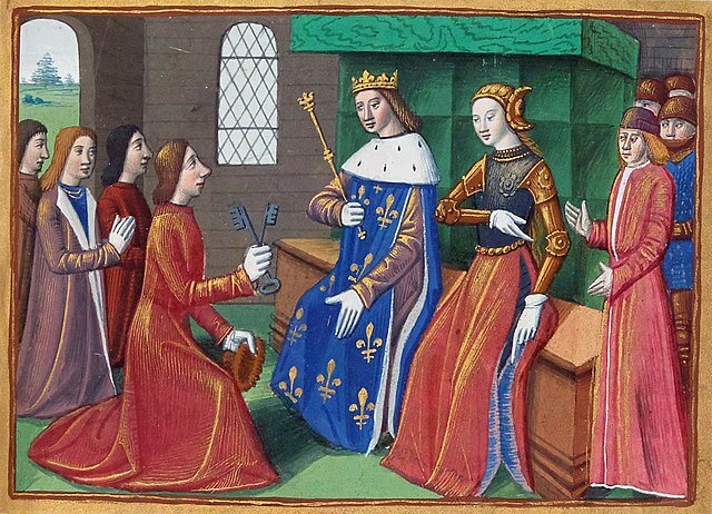 『シャルル7世年代記』のミニアチュール。トロワ市民が城門の鍵をシャルル7世とジャンヌに渡す場面が描かれている。　1484年頃　フランス国立図書館蔵