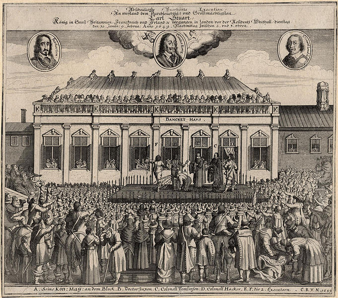 バンケティングハウス外でのチャールズ 1 世の斬首場面（ドイツの版画）　1649年頃　ナショナル・ポートレート・ギャラリー蔵
