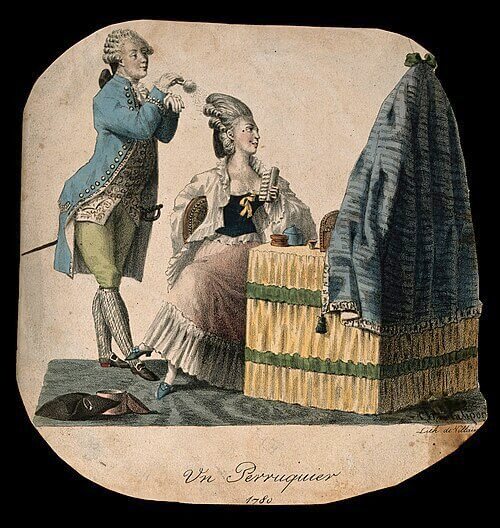 A woman at her dressing table in 1780 having her hair powder, Library reference: ICV No 20153, Wellcome Collection, 化粧台で髪粉をかけてもらっている女性の図（1780年）　Wellcome Collection