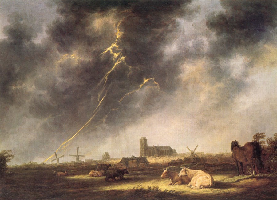 Thunderstorm over Dordrecht, ca. 1645, Aelbert Cuyp, Oil on wood, 77.5 x 107 cm, Given by the heirs of Emil Bührle to the Foundation E.G. Bührle Collection Zurich • 1960 Inv. 149., 《ドルトレヒトの町を見舞う雷雨》　1645年頃　アルベルト・カイプ　ビュールレ・コレクション蔵