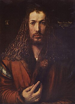 アルブレヒト・デューラー( Albrecht Dürer, 1471年5月21日 - 1528年4月6日)自画像( Selbstbildnis im Pelzrock, 1500) 1500年 アルテ・ピナコテーク蔵