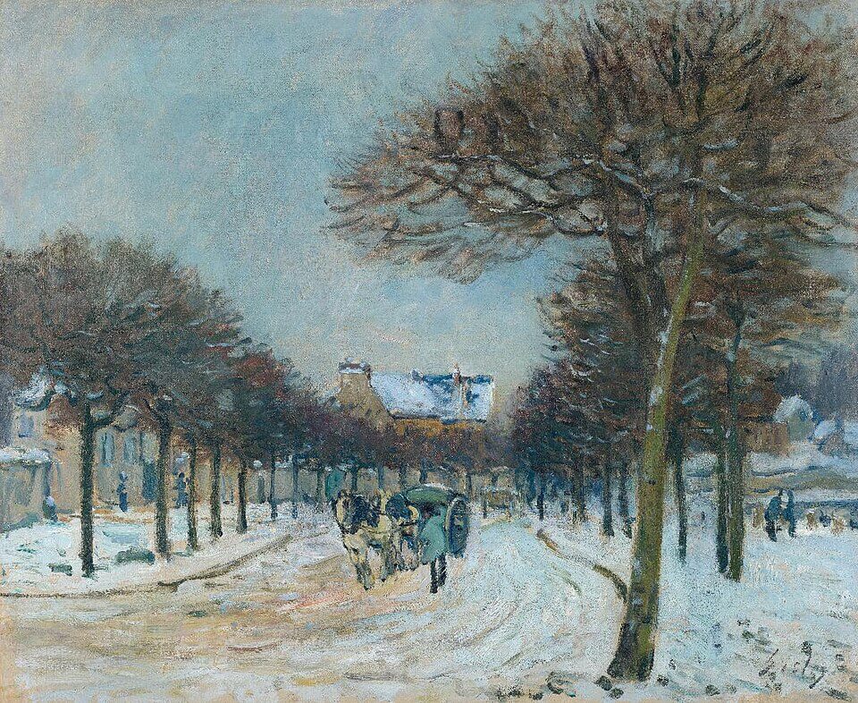 The road around the watering pond at Marly-le-Roi, snowy weather, Alfred Sisley, 1875, Route contournant l’Abreuvoir de Marly-le-Roi, temps de neige, Oil on canvas, 46 x 55 cm, Given by the heirs of Emil Bührle to the Foundation E.G. Bührle Collection Zurich • 1960 Inv. 99., 《マルリー・ル・ロワの給水池周辺の道路、雪の降る天気》　1875年　アルフレッド・シスレー　ビュールレ・コレクション蔵