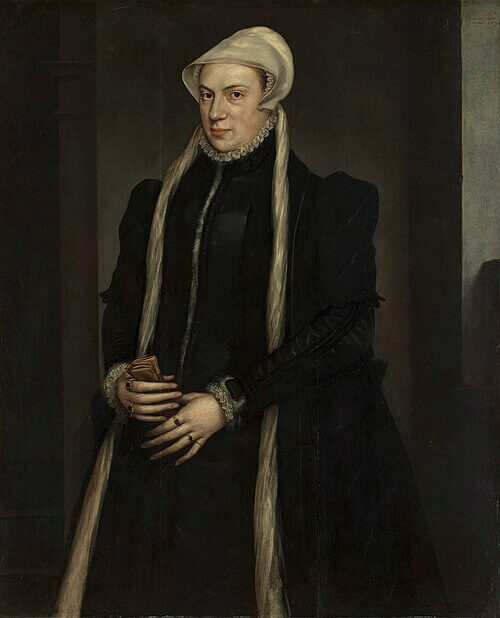 Christina of Denmark (1522-90) Signed and dated 1554, Anthonis Mor (1512-16-c. 1576), Oil on panel | 111.8 x 91.2 cm (support, canvas/panel/stretcher external) | RCIN 405799, the Royal Collection, 『デンマークのクリスティーナ』　1554年　アントニス・モル　ロイヤル・コレクション蔵