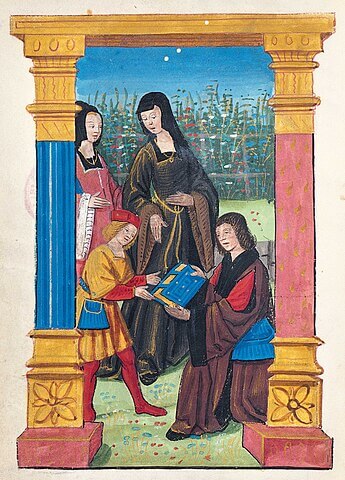 「 ルイーズ・ド・サヴォワとマルグリット・ダングレームの御前で、アントワーヌ・ベラールがフランソワ・ダングレームに著書を贈る」　メートル・ド・フィリップ・ド・ゲルドル　1506年
