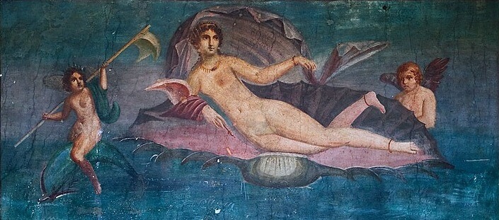 古代ローマ時代、ポンペイの壁画（初代皇帝アウグストゥスがローマに持ち出した、アペレスの『海から上がるヴィーナス』を基に描かれたものと信じられているもの）