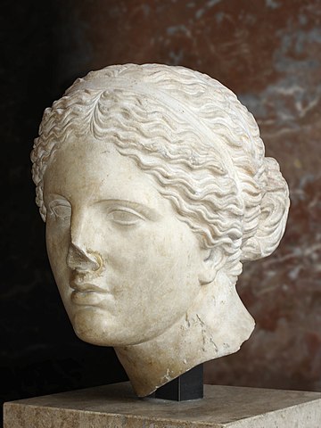 アフロディテ頭部　高さ33.5cm 幅22cm 奥行き29cm　ローマ帝国時代（プラクシテレスのオリジナルは紀元前360年頃）　ルーヴル美術館蔵