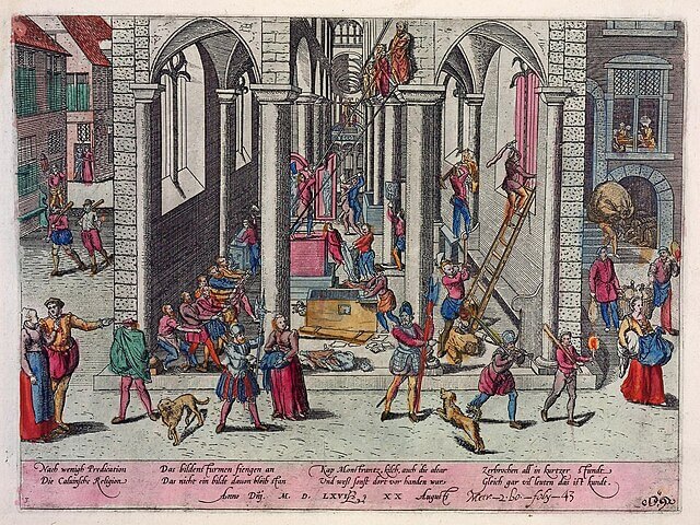 1566年8月20日、アントワープの聖母大聖堂の破壊の様子（Vernieling van de Onze-Lieve-Vrouwekathedraal te Antwerpen op 20 augustus 1566. (gravure gemaakt door Frans Hogenberg）