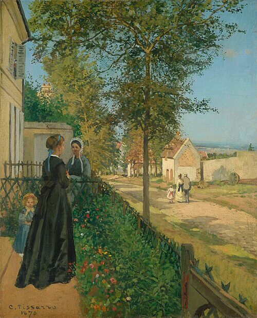 The Conversation, Louveciennes, Camille Pissarro, 1870, La Conversation, Louveciennes, Oil on canvas, 100 x 81 cm, Given by the heirs of Emil Bührle to the Foundation E.G. Bührle Collection Zurich • 1960 Inv. 121., 《会話, ルーヴシエンヌ》　1870年　カミーユ・ピサロ　ビュールレ・コレクション蔵