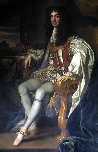 King Charles II (1630-1685) in Garter Robes, Sir Peter Lely (Soest 1618 – London 1680), Art / Oil paintings. 1680 - 1685, Oil on canvas, 2540 x 1600 mm, NT 436069, Collection: Belton House, Lincolnshire, イングランド、スコットランド、アイルランドの王チャールズ2世 1680 - 1685年 ピーター・レリー ベルトン・ハウス蔵
