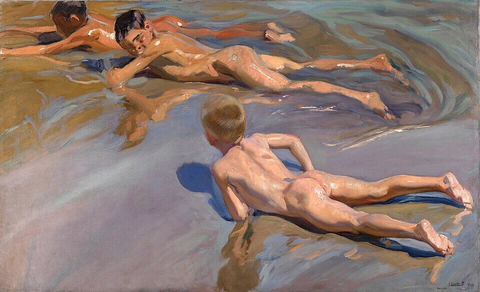 Chicos en la playa, Joaquín Sorolla y Bastida, 1909. Óleo sobre lienzo, 118 x 185 cm, Número de catálogo P004648, Museo Nacional del Prado, 《浜辺の子供たち》 1909年 ホアキン・ソローリャ プラド美術館蔵