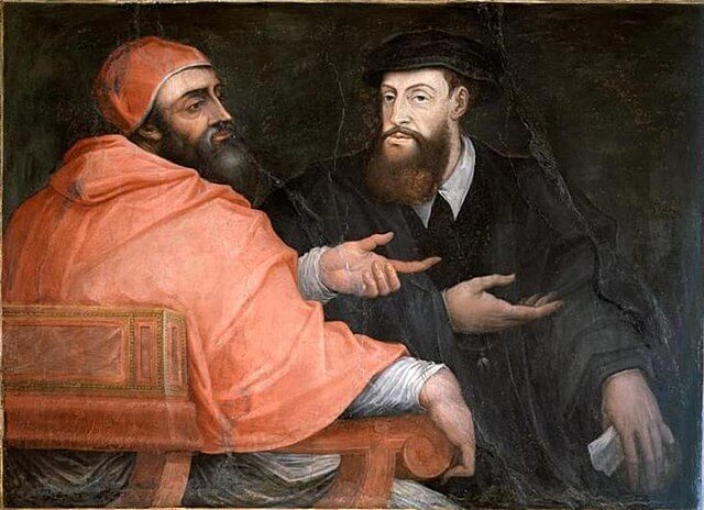 『会話する教皇クレメンス7世と皇帝カール5世』　1556年から1562年の間　ジョルジョ・ヴァザーリ　ヴェッキオ宮殿博物館蔵