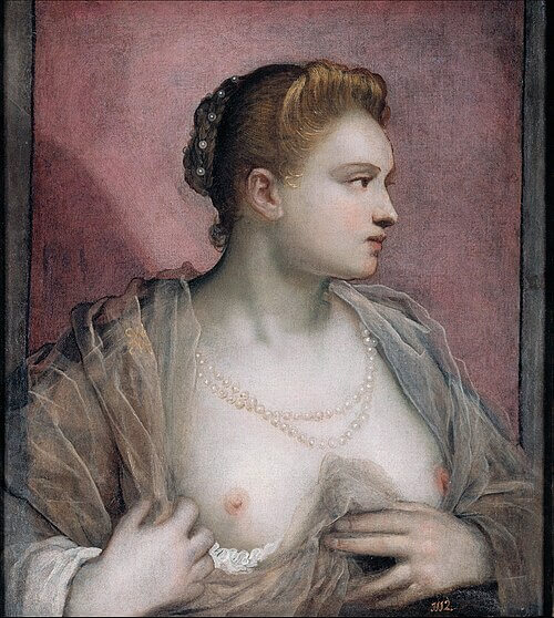 Dama descubriendo el seno, Domenico Tintoretto, 1580 - 1590. Óleo sobre lienzo, 62 x 55,6 cm, Número de catálogo P000382, Museo Nacional del Prado, 《胸をはだける婦人》 1552 - 1555年 ドメニコ・ティントレット プラド美術館蔵