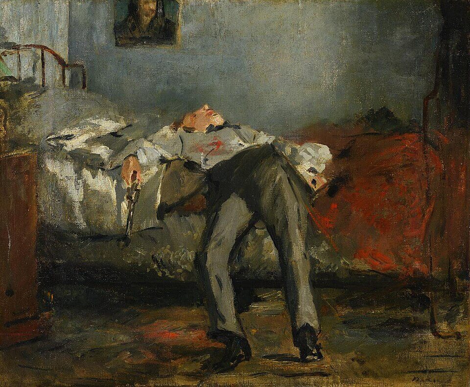 The Suicide, Edouard Manet, ca. 1877, Le Suicidé, Oil on canvas, 38 x 46 cm, Given by the heirs of Emil Bührle to the Foundation E.G. Bührle Collection Zurich • 1960 Inv. 63., Private Collection, 《自殺》　1877年頃　エドゥアール・マネ　ビュールレ・コレクション蔵