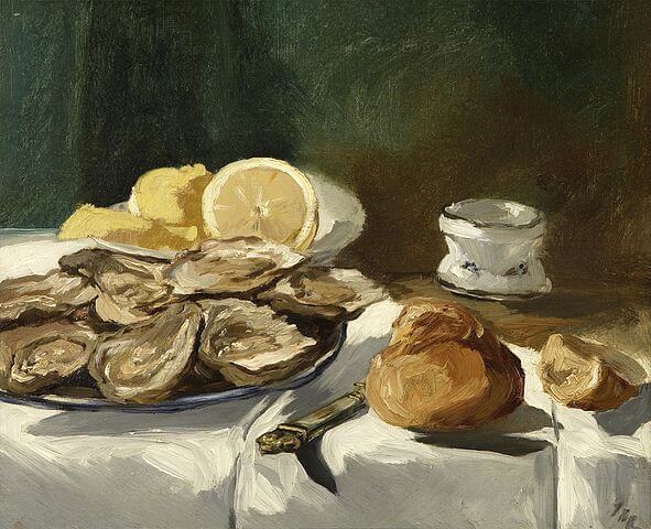 『牡蠣とレモン、ブリオッシュ』（ Nature morte, huîtres, citron, brioche ）　1876年　エドゥアール・マネ　Dickinson Gallery, London and New York