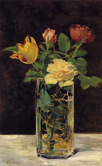 Roses and Tulips in a Vase, Edouard Manet, 1883, Roses et tulipes dans une vase, Oil on canvas, 56 x 36 cm, Private Collection, 《花瓶のバラとチューリップ》　1883年　エドゥアール・マネ　個人蔵