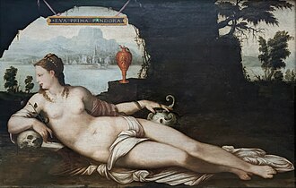 Eva prima Pandora, après 1549, Cousin, Jean, dit le Père, RF 2373, Hauteur : 0,975 m ; Hauteur avec accessoire : 1,24 m ; Largeur : 1,5 m ; Largeur avec accessoire : 1,775 m, huile sur bois (chêne), Musée du Louvre, Département des Peintures, 『エヴァ・プリマ・パンドラ』　1549年以降　ジャン・クーザン（父）　ルーヴル美術館蔵