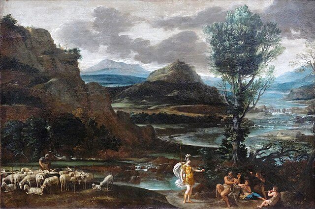 『羊飼いたちとエルミ二―』　124×181 cm　1622年－1625年頃　ドメニキーノ　ルーヴル美術館蔵