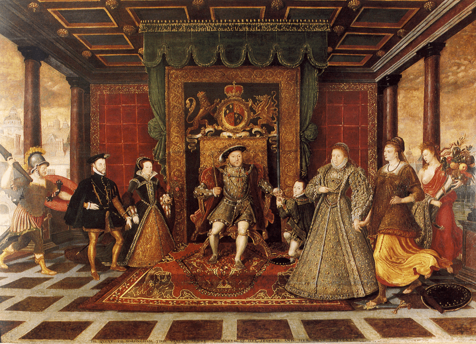 The family of Henry VIII: an allegory of the Tudor succession, Item Number NMW A 564, Creation/Production HEERE, Lucas de, 1534-1584, Role: Artist, Period: 1572 ca, Acquisition Transfer, 1991, Height (cm): 131.2, Width (cm): 184, Height (in): 51, Width (in): 72, Oil on panel, painting, Oil, Amgueddfa Cymru – Museum Wales, on show at Sudeley Castle, Gloucestershire., 『ヘンリー8世の家族』(寓意画) 1572年頃 ルーカス・デ・ヘーレに帰属 ウェールズ国立博物館蔵