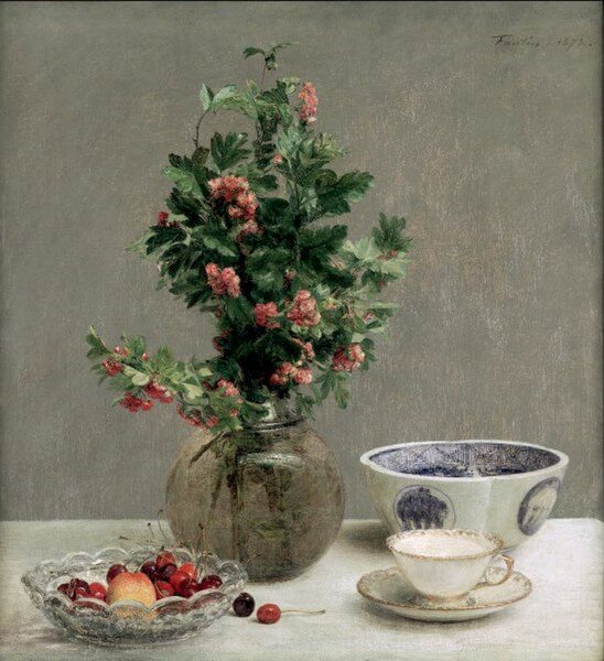 Still Life with Vase of Hawthorn, Bowl of Cherries, Japanese Bowl, and Cup and Saucer（1872年）