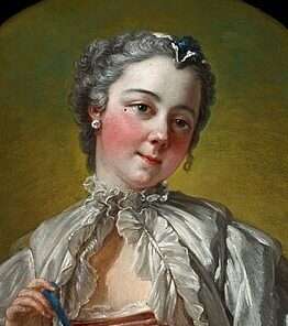 『パグを抱いた若い女性』(A young lady holding a pug dog, mid 1740s, by François Boucher, the Art Gallery of New South Wale)　1740年代半ば　フランソワ・ブーシェ　ニュー・サウス・ウェールズ州立美術館蔵