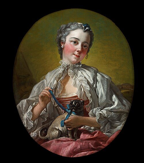 『パグを抱いた若い女性』(A young lady holding a pug dog, mid 1740s, by François Boucher, the Art Gallery of New South Wale) 1740年代半ば フランソワ・ブーシェ ニュー・サウス・ウェールズ州立美術館蔵