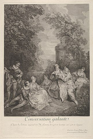 『優雅な会話』（ Gallant conversation' (Conversation galante) ）　1743年　二コラ・ランクレ原画、ジャック・フィリップ・ル・バによるエングレービング　メトロポリタン美術館蔵