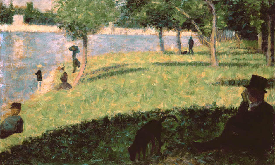 Study for «La Grande-Jatte», Georges Seurat, 1884/85, Étude pour "La Grande-Jatte", Oil on wood, 15.6 x 25.2 cm, Given by the heirs of Emil Bührle to the Foundation E.G. Bührle Collection Zurich • 1960 Inv. 94., 《グランド・ジャット島の日曜日の午後》のための習作　1884 - 1885年　ジョルジュ・スーラ　ビュールレ・コレクション