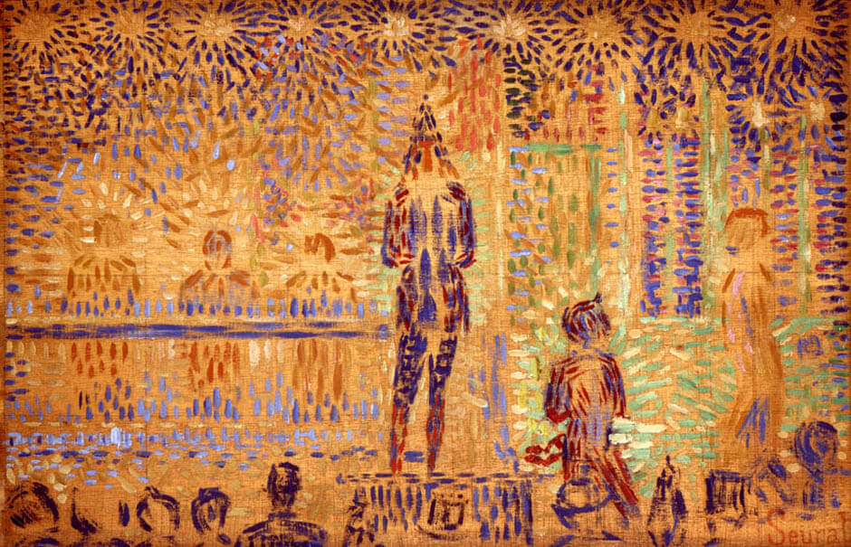 Study for «La Parade», Georges Seurat, 1887, Étude pour "La Parade", Oil on wood, 16.5 x 26 cm, Given by the heirs of Emil Bührle to the Foundation E.G. Bührle Collection Zurich • 1960 Inv. 95., 《サーカスの客寄せ》のための習作　1887年　ジョルジュ・スーラ　ビュールレ・コレクション