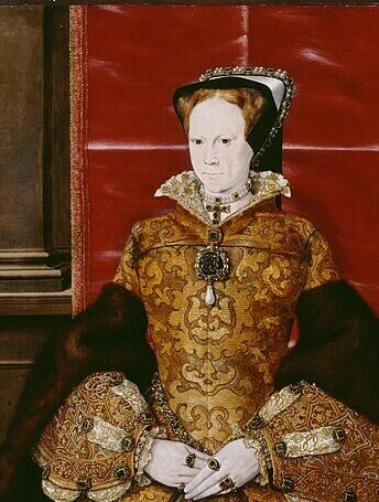 Panel Painting Portrait of Queen Mary I, Object number LDSAL336, Artist/Designer/Maker Eworth, Hans - Artist, Production date 1554, Material oak, oil paint, Technique Oil on panel, Painting and Painting Techniques, Dimensions height: 1040mm, width: 780mm, height (frame): 1325mm, width (frame): 1070mm, Location Burlington House - (on display), Associated place Kensington Palace, Inscriptions Inscription contentHE, Society of Antiquaries of London, メアリー1世の肖像　1554年　ハンス・イワース　ロンドン考古協会