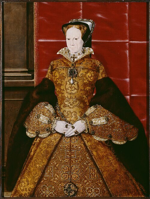 Panel Painting Portrait of Queen Mary I, Object number LDSAL336, Artist/Designer/Maker Eworth, Hans - Artist, Production date 1554, Material oak, oil paint, Technique Oil on panel, Painting and Painting Techniques, Dimensions height: 1040mm, width: 780mm, height (frame): 1325mm, width (frame): 1070mm, Location Burlington House - (on display), Associated place Kensington Palace, Inscriptions Inscription contentHE, Society of Antiquaries of London, メアリー1世の肖像　1554年　ハンス・イワース　ロンドン考古協会