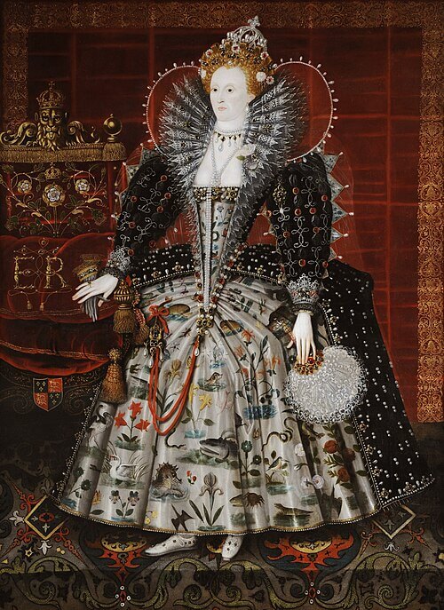 Elizabeth I (1533–1603), attributed to Nicholas Hilliard (Exeter c.1547 – London 1619), Art / Oil paintings, c. 1598 - 1599, Oil on canvas, 2235 x 1689 mm, England, Collection Hardwick Hall, Derbyshire NT 129128, National Trust, エリザベス1世 1598 - 1599年頃 ニコラス・ヒリアードに帰属 ナショナル・トラスト, ハードウィック・ホール
