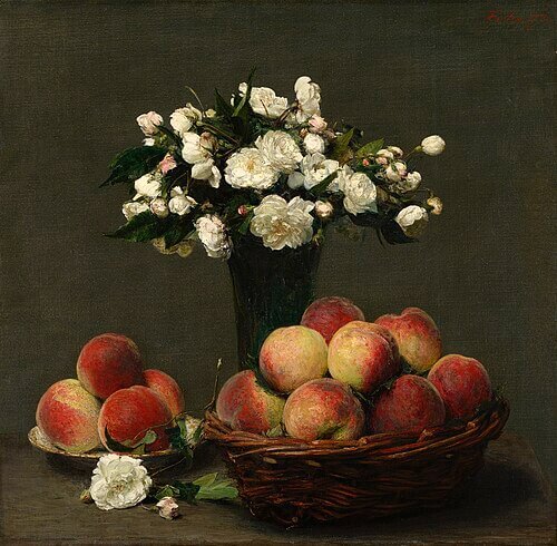 Peonies and Peaches, Henri Fantin-Latour, 1873, Pivoines et pêches, Oil on canvas, 55 x 55 cm, Bequest of Dr. Dieter Bührle to Foundation E.G. Bührle Collection 2012 Inv. 177., 《蔓バラと桃》　1873年　アンリ・ファンタン＝ラトゥール　ビュールレ・コレクション蔵