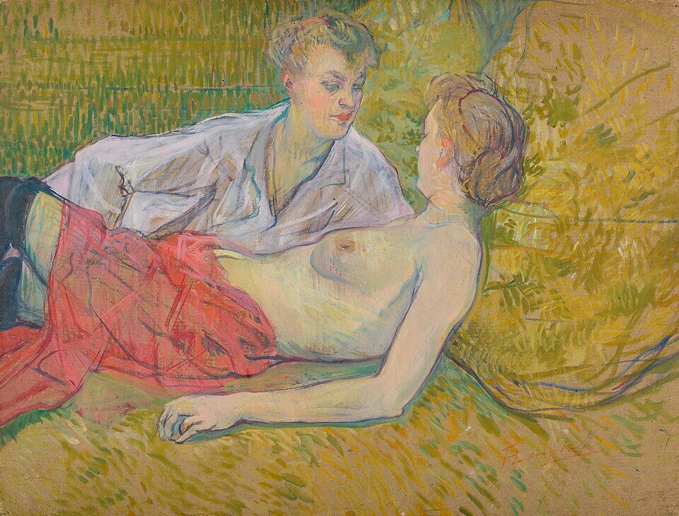 The Two Friends, Henri de Toulouse-Lautrec, 1895, Les deux amies, Gouache on cardboard, 64.5 x 84 cm, Given by the heirs of Emil Bührle to the Foundation E.G. Bührle Collection Zurich • 1960 Inv. 106., 《二人の女友達》　1895年　アンリ・ド・トゥールーズ＝ロートレック　ビュールレ・コレクション