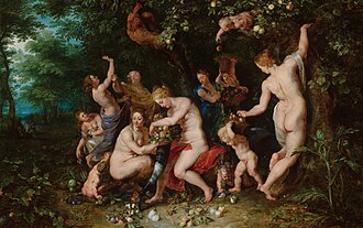 Nymphs Filling the Cornucopia /  Nimfen vullen de hoorn des overvloeds, Jan Brueghel the Elder & Peter Paul Rubens, c. 1615 On view in Gallery Prince Willem V, painting, oil, panel, 67.5 x 107 cm, Inventory number 234, Mauritshuis, 『豊穣の角を満たすニンフたち』　1615年頃　ヤン・ブリューゲル（父）、ピーテル・パウル・ルーベンス　マウリッツハイス美術館蔵