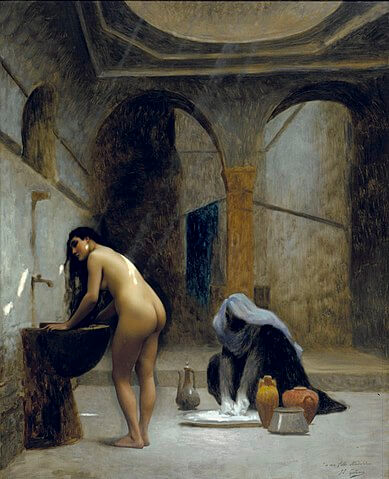 『ムーア人の浴場』（ Moorish Bath ）　1874年－1877年頃　ジャン＝レオン・ジェローム　ロード・アイランド・スクール・オヴ・デザイン・ミュージアム蔵