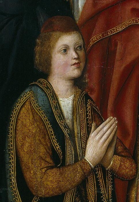 Joan d'Aragó, príncep de Girona i d'Astúries, fill dels Reis Catòlics., La Virgen de los Reyes Católicos, Maestro de la Virgen de los Reyes Católicos, 1491 - 1493. Técnica mixta sobre tabla, 123 x 112 cm, Número de catálogo P001260, Museo del Prado, アストゥリアス公フアン（1478年6月28日 - 1497年10月4日）　1491 - 1493年　プラド美術館蔵