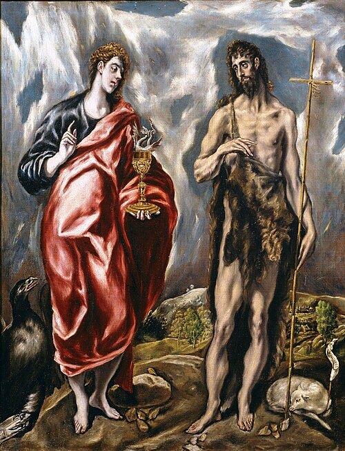 San Juan Bautista y san Juan Evangelista, El Greco y taller, 1600 - 1610. Óleo sobre lienzo, 110 x 86 cm, Número de catálogo P007724, Museo Nacional del Prado, 《洗礼者ヨハネと福音書記者ヨハネ》 1600 - 1610年 エル・グレコ プラド美術館蔵