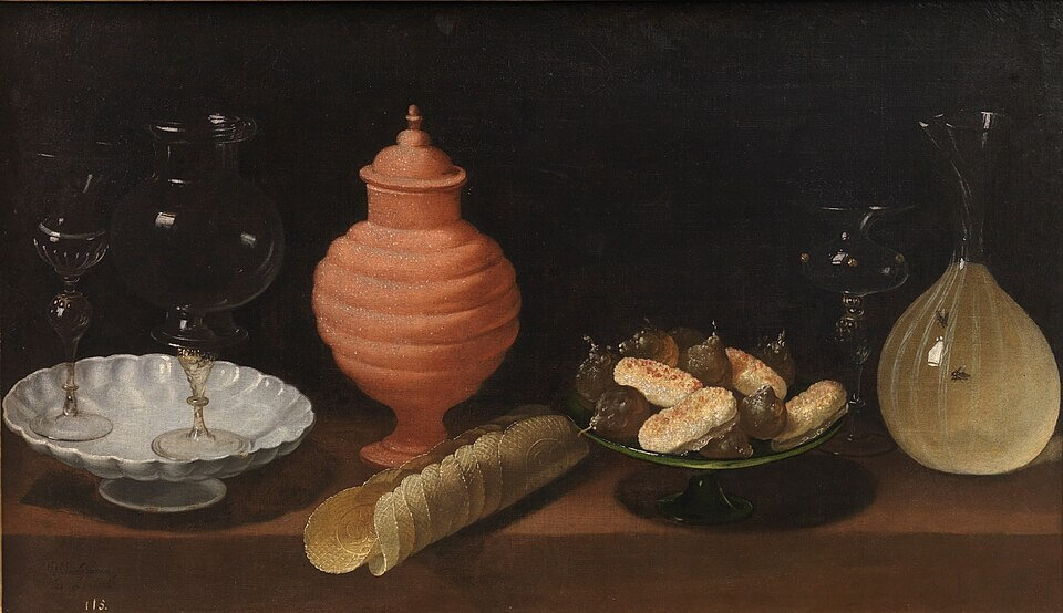 Bodegón con dulces y recipientes de cristal, Juan van der Hamen y León, 1622. Óleo sobre lienzo, 52 x 88 cm, Número de catálogo P001164, Museo Nacional del Prado, 《菓子とガラス器のある静物》 1622年 フアン・ヴァン・デア・ハーメン プラド美術館蔵