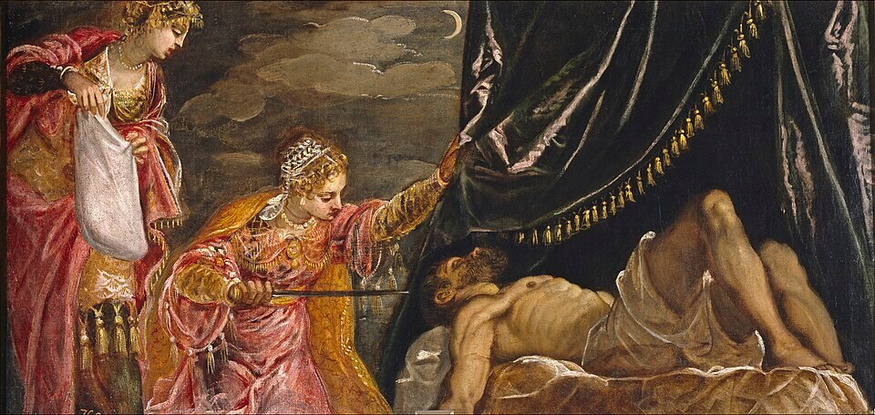 Judit y Holofernes, Jacopo Robusti Tintoretto, 1552 - 1555. Óleo sobre lienzo, 58 x 119 cm, Número de catálogo P000389, Museo Nacional del Prado, 《ユディトとホロフェルネス》 1552 - 1555年 ティントレット(ヤコポ・ロブスティ) プラド美術館蔵