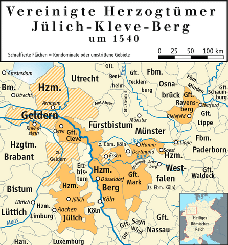 1540年頃のユーリヒ＝クレーヴェ＝ベルク公領の地図