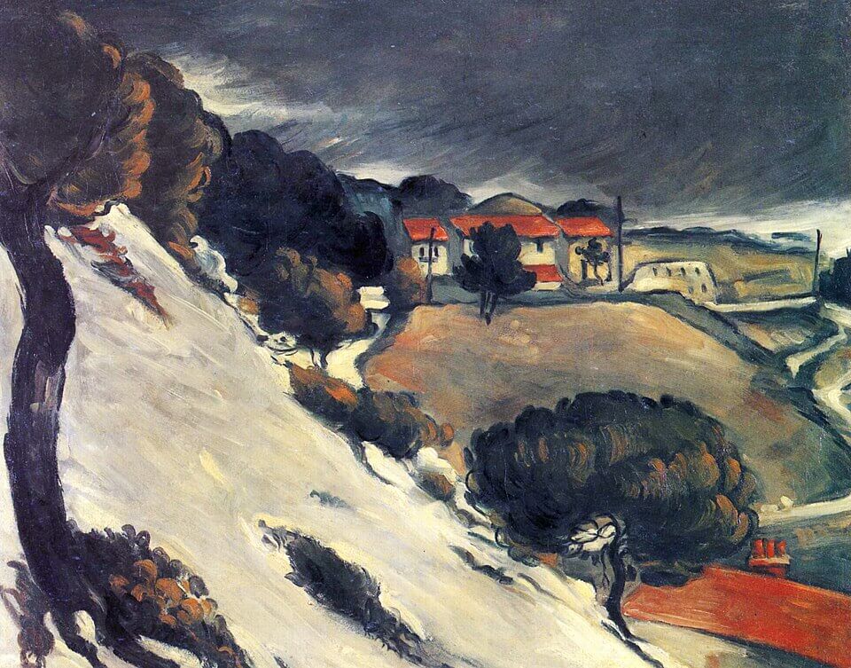 L’Estaque, Melting Snow (La Neige fondue à l’Estaque), c. 1870, Paul Cézanne, Oil on canvas, 72.5 x 92 cm, Private Collection, 《レスタックの雪どけ, あるいは赤い屋根》　1870年頃　ポール・セザンヌ　個人蔵