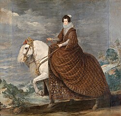 La reina Isabel de Borbón, a caballo, Diego Rodríguez de Silva y Velázquez y otros, Número de catálogo, P001179, Hacia 1635. Óleo sobre lienzo, 301 x 314 cm, Hacia 1635, Dimensión Alto: 301 cm; Ancho: 314 cm, Procedencia Colección Real (Palacio del Buen Retiro, Madrid, 1701, [nº 249]; Palacio Real Nuevo, Madrid, paso de tribuna y trascuartos, 1772, nº 249; Palacio Real, Madrid, pieza de comer, 1814-1818, nº 241)., Fecha de ingreso 1819, Museo del Prado, フェリペ4世妃イサベル・デ・ボルボン　1635年頃　ディエゴ・ベラスケス　プラド美術館蔵