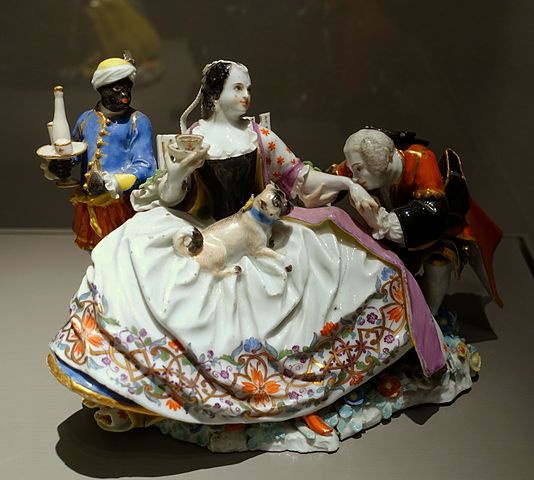 Lady with servant and cavalier, Johann Joachim Kaendler, Meissen Porcelain Factory, c. 1737, hard-paste porcelain
