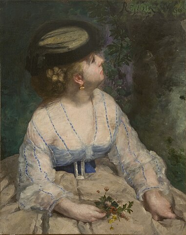Woman looking at a bird (Lise: La Fille a l'Oaseau)　81 × 65 cm　1866年　ピエール＝オーギュスト・ルノワール　ニジニ・ノヴゴロド蔵