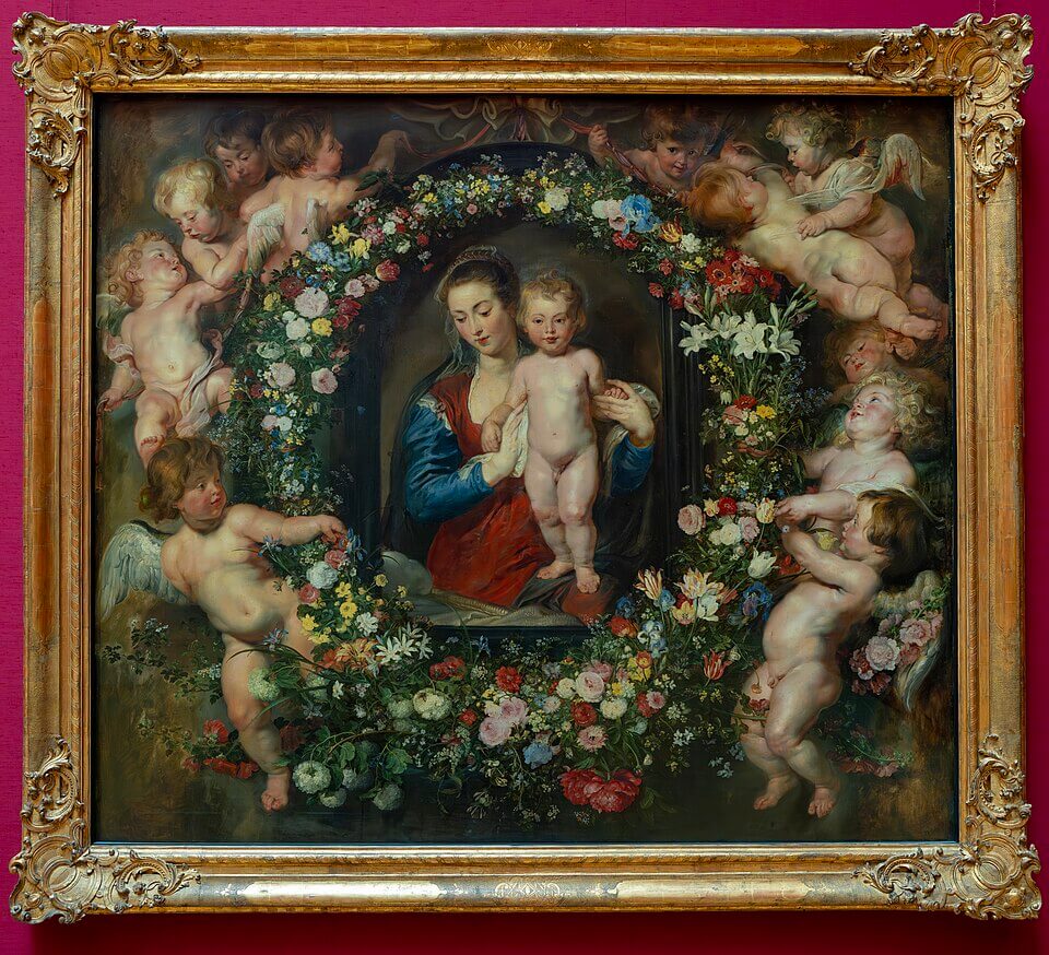 Madonna im Blumenkranz, um 1616/1618, Peter Paul Rubens mit Jan Brueghel d. Ä. (1577-1640), Eichenholz, 185 x 209,8 cm, Malerei, Ausgestellt AP OG -> Saal VIII, Inventarnummer 331, Bayerische Staatsgemäldesammlungen – Alte Pinakothek München, 『花環の聖母子』　1616 - 1618年頃　ピーテル・パウル・ルーベンス、ヤン・ブリューゲル（父）　アルテ・ピナコテーク蔵