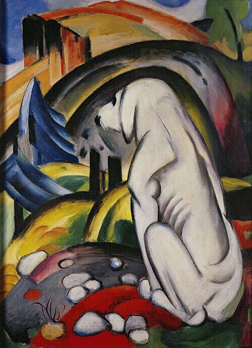 The Dog in Front of the World, Franz Marc, 1912, Oil on canvas, 111 x 83 cm, Private collection, 《世界を前にする犬》　1912年　フランツ・マルク　個人蔵