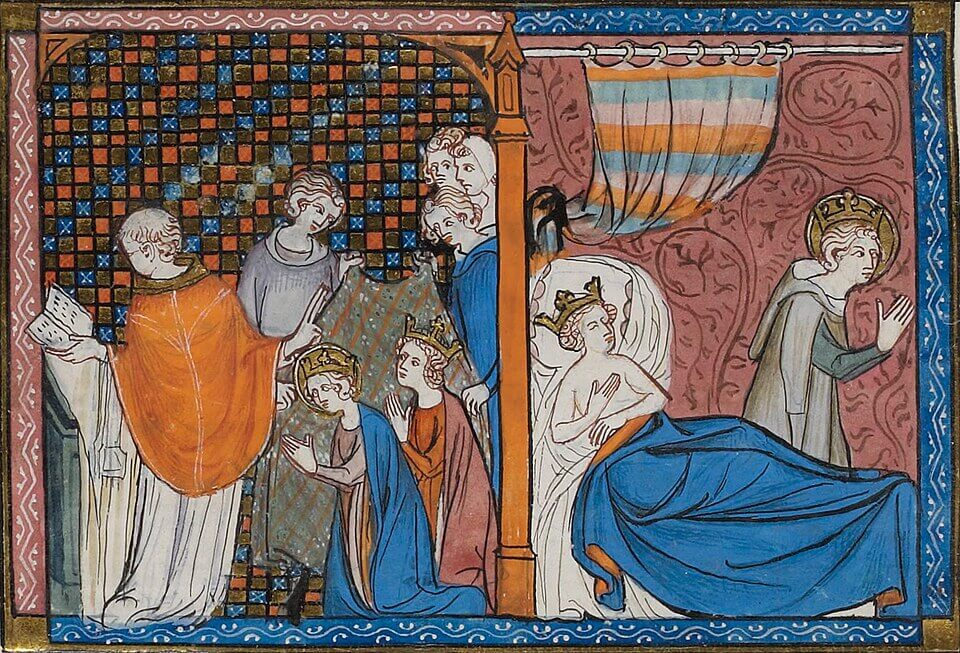 Guillaume de Saint-Pathus,Vie et Miracles de saint Louis, Guillaume de Saint-Pathus. Auteur du texte, Mahiet (12..-1352?). Enlumineur, Jean Pucelle (1…- 1334). Enlumineur, Mathieu Le Vavasseur. Enlumineur, 1330-1350, Identifiant : ark:/12148/btv1b8447303m, Bibliothèque nationale de France., Mariage de Louis IX et de Marguerite de Provence. Saint Louis pratiquant l'abstinence. Miniature extraite de Vie et miracles de saint Louis., ギヨーム・ド・サン＝パテュス著『聖ルイの生涯と奇跡』　1330年 - 1350年　フランス国立図書館