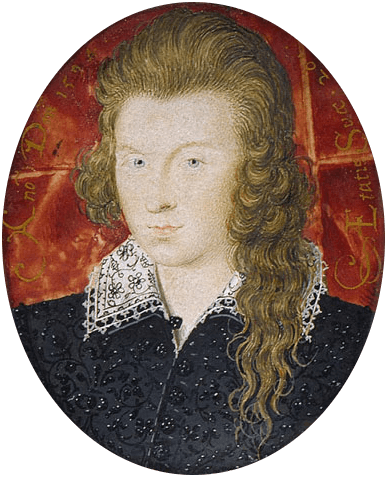 Henry Wriothesley, 3rd Earl of Southampton: 3856, Miniaturist: Hilliard, Nicholas, Miniature (painting), History note: ? C. Sackville Bale; ? J. Whitehead 1889; L.D. Cunliffe, Height: 41 mm, Width: 32.5 mm, 1590s, Production date: AD 1594, British, The Fitzwilliam Museum, The University of Cambridge, 第3代サウサンプトン伯爵ヘンリー・リズリーの肖像 1594年 ニコラス・ヒリアード フィッツウィリアム美術館蔵