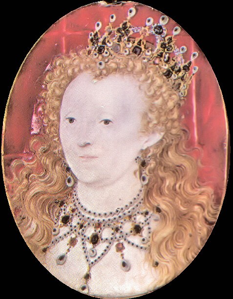 Portrait Miniature of Elizabeth I, Portrait Miniature, c. 1600 (made), Nicholas Hilliard, Height: 62mm, Width: 48mm, Accession number 4404 to B-1857, Portrait Miniature of Elizabeth I contained in a gold enamelled case set with diamond and ruby., Victoria and Albert Museum, エリザベス1世(1533 -1603)の肖像 ミニアチュール 1600年頃 ニコラス・ヒリアード ヴィクトリア&アルバート美術館蔵