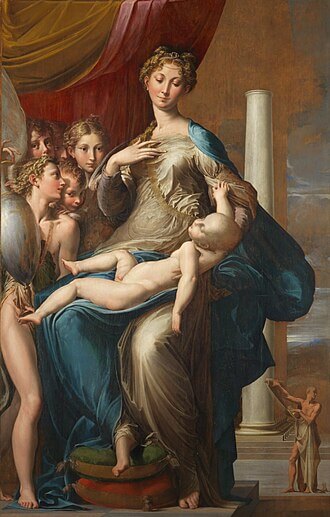 Madonna and Child with Angels (Madonna with the long neck) / Madonna col Bambino e Angeli (Madonna dal collo lungo), 1534-1540, Francesco Mazzola, known as Parmigianino (Parma 1503 – Casalmaggiore 1540), Painting, Oil on panel, 216.5 x 132.5 cm, Palatina n. 230, The Uffizi, 『長い首の聖母』　1534 - 1540年頃　パルミジャニーノ　ウフィツィ美術館蔵